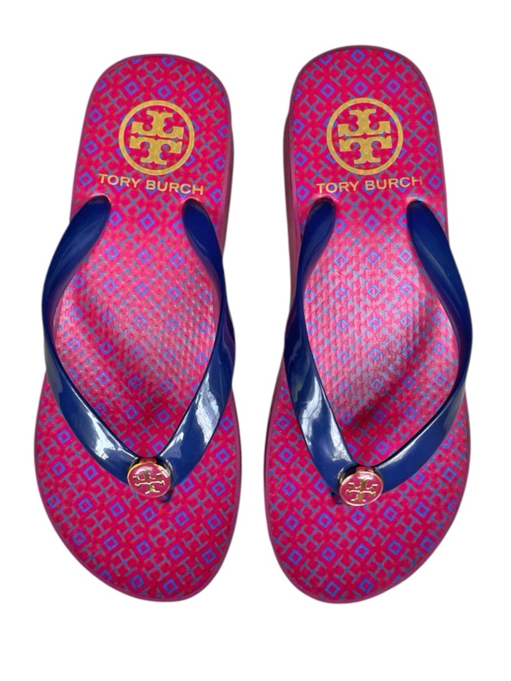 Tory Burch Thandie Wedge Flip Flop in Pink/Navy Blue Lattice Print, sz 6 - Picture 2 of 12